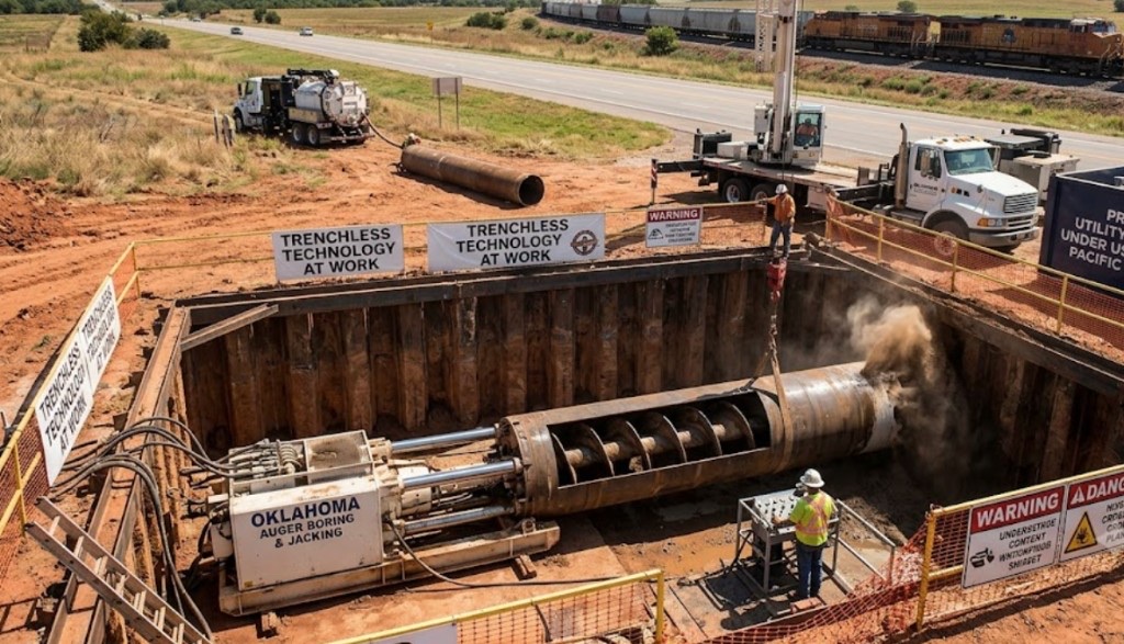 Horizontal auger boring machine installing steel casing in sheet pile shored pit beneath New Mexico highway