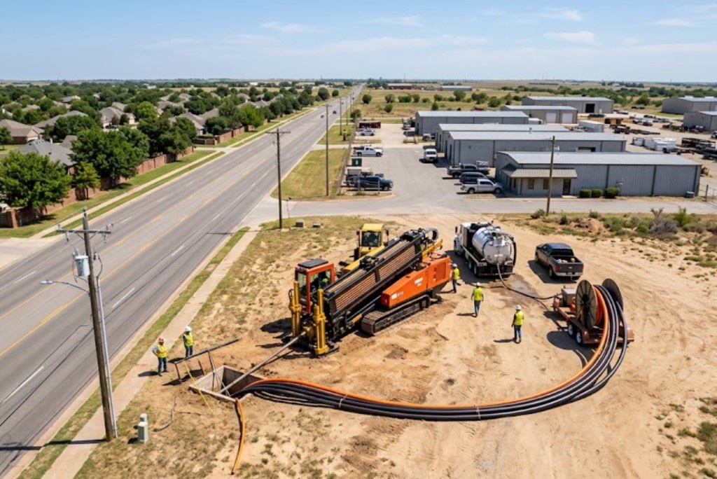 aerial view of directional drilling job site with rig, trucks, and highway crossing utility work