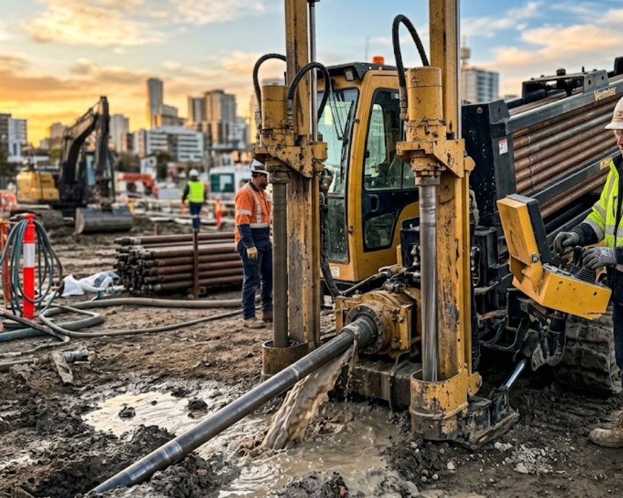 Directional boring process in New Mexico — close-up of directional boring machine inserting drill pipe into entry pit with drilling fluid