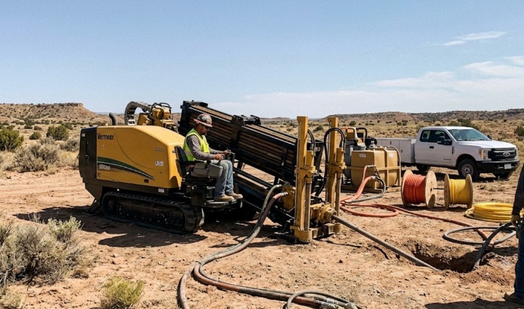 Directional drilling and directional boring in New Mexico — yellow HDD rig and crew performing directional drilling on a rural New Mexico utility job site