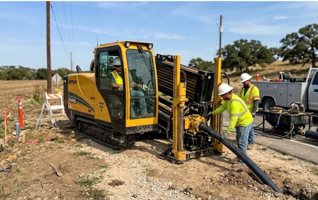 Vermeer directional drill rig and crew installing utilities near a New Mexico highway corridor